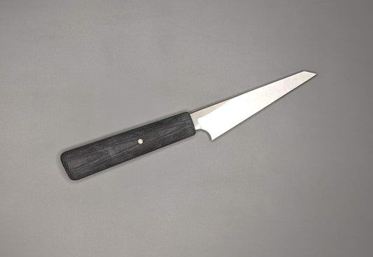 small petty or utility knife with flat cutting edge and angled handle of black Micarta