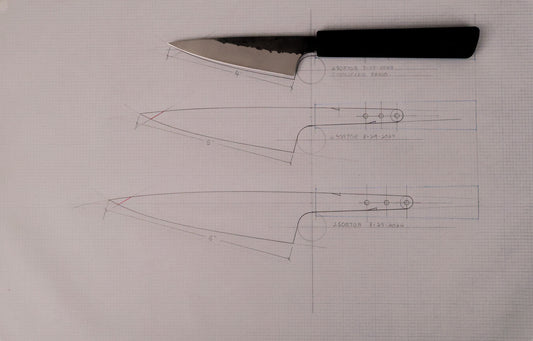 Petty kitchen knife on graph paper with knife drawing underneath