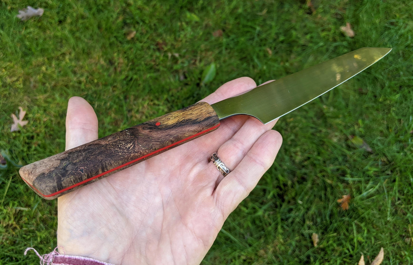 Japanese kitchen knife handheld over grass background