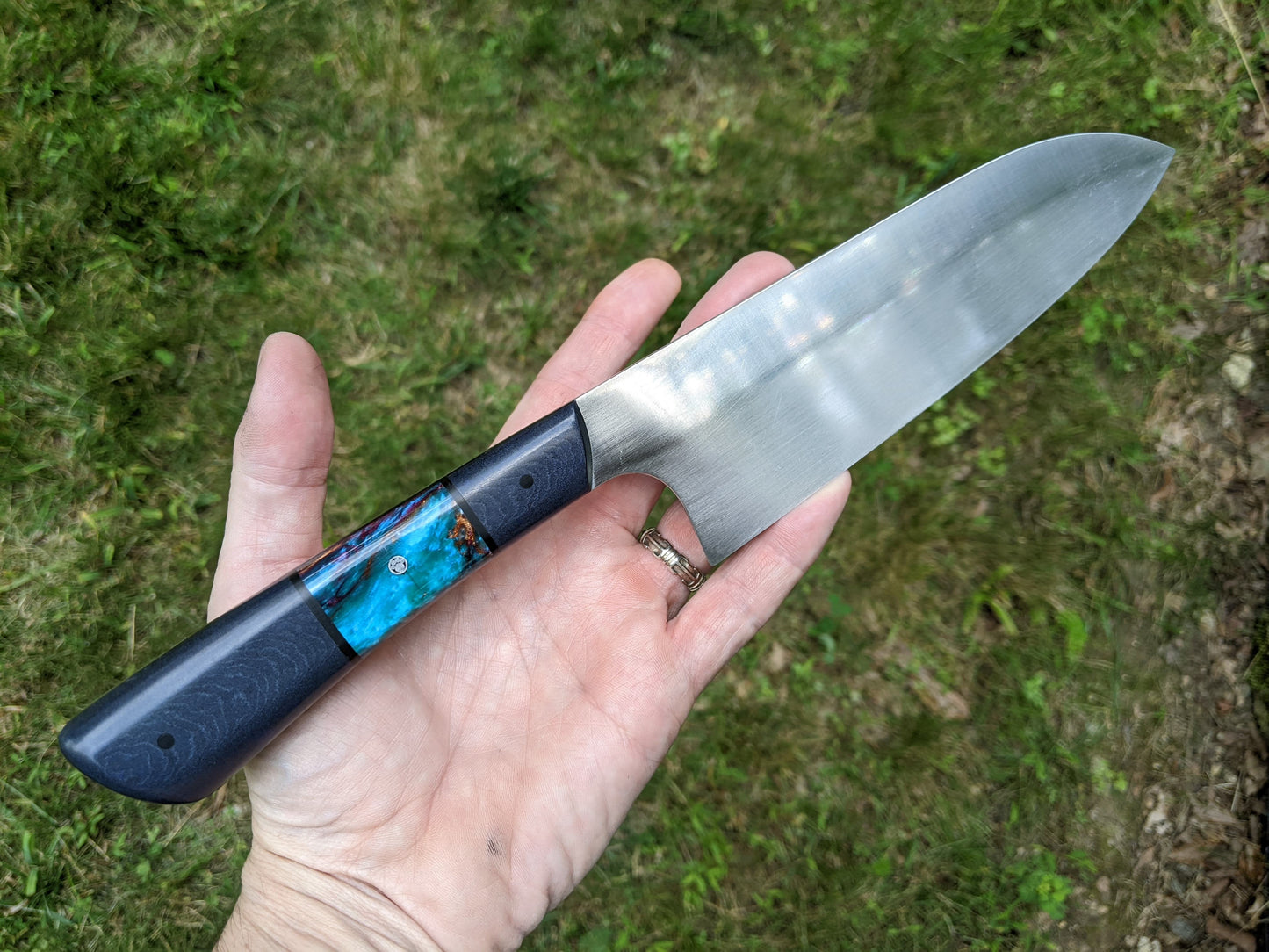 7" Santoku with blue Richlite and resin handle