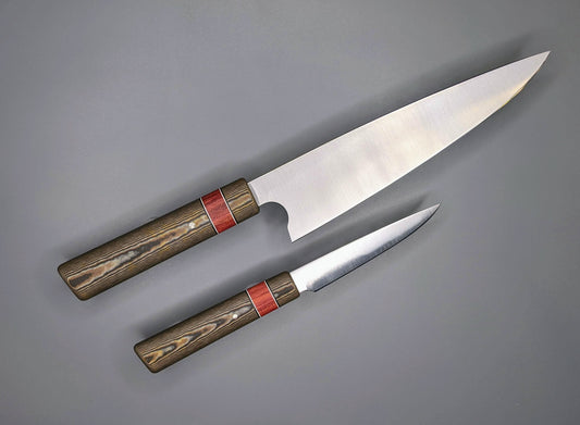 Chef and paring knife set with brown Richlite handles and a Rosewood insert.