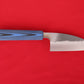 mid-size kitchen knife on red background. Blue and black SureTouch handle. Hammered finish on blade. 