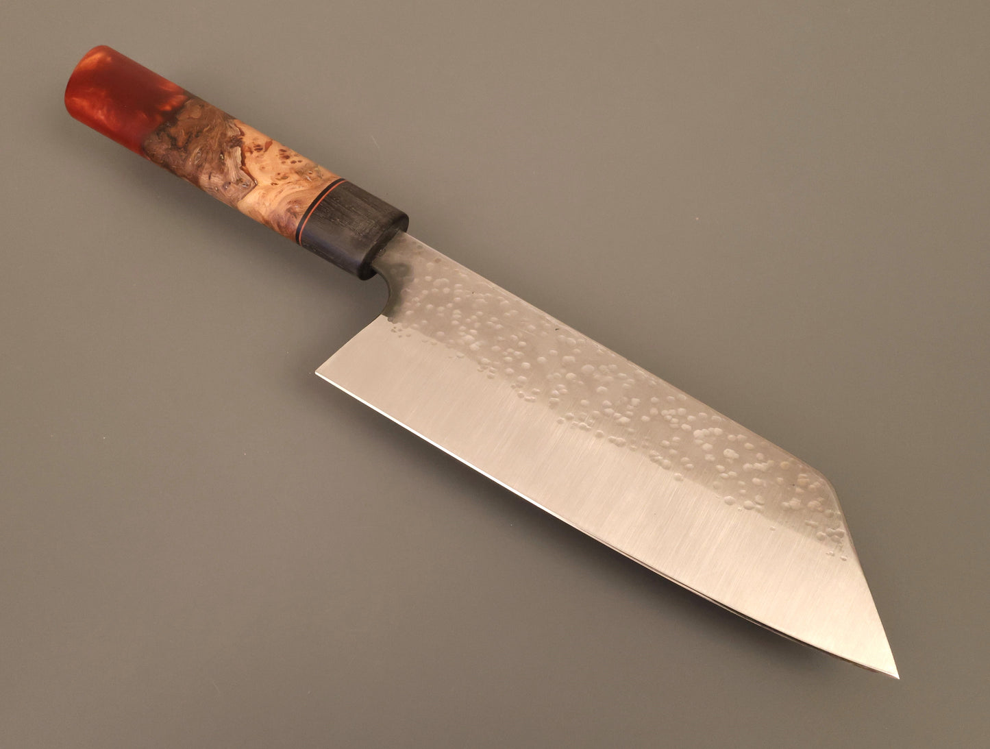 Bunka kitchen knife with wood and orange resin hybrid handle