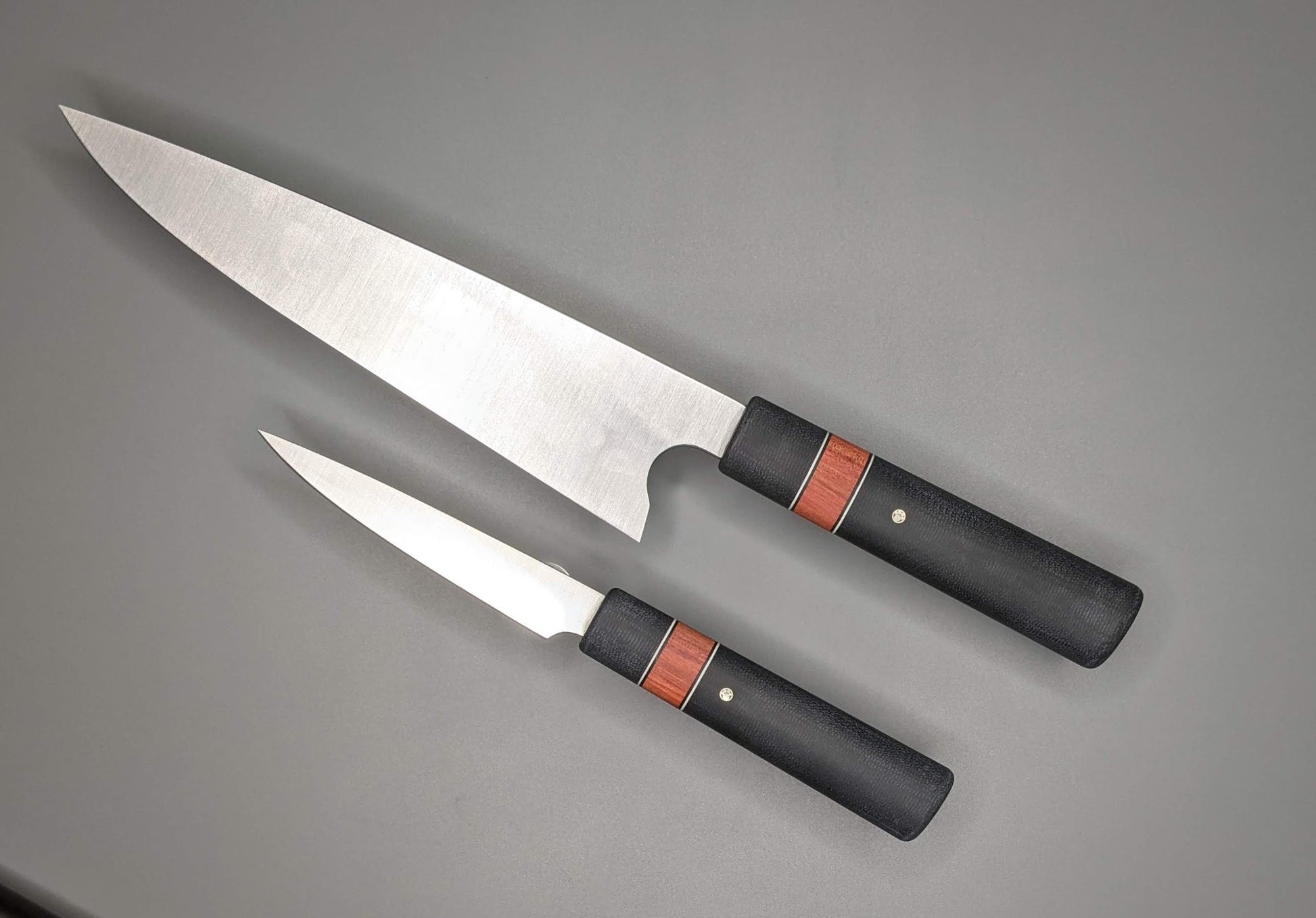 chef and paring knife with black Micarta and Rosewood handles