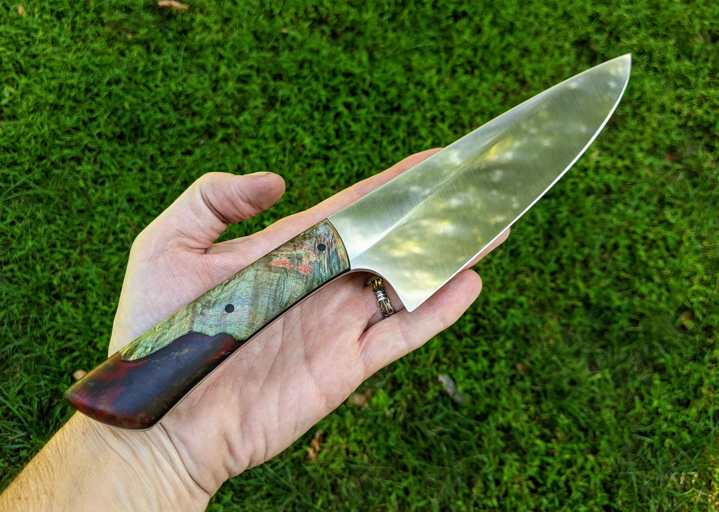 Chef knife with green and red hybrid handle