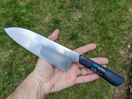 7" Santoku with blue Richlite and resin handle